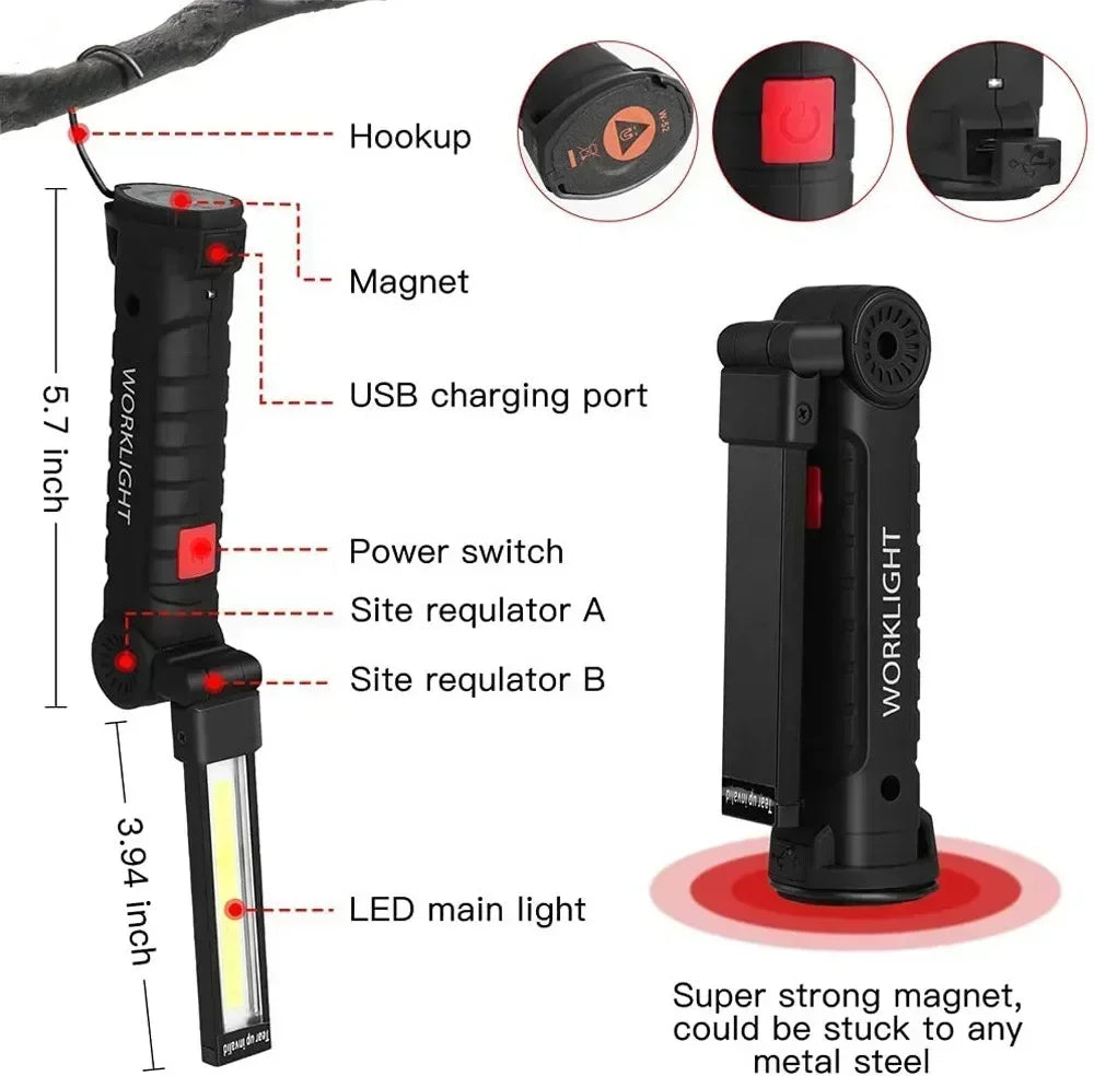 Torcia Portatile A LED COB Ricaricabile USB Lanterna Magnetica Con Batteria Incorporata Per Campeggio E Lavoro