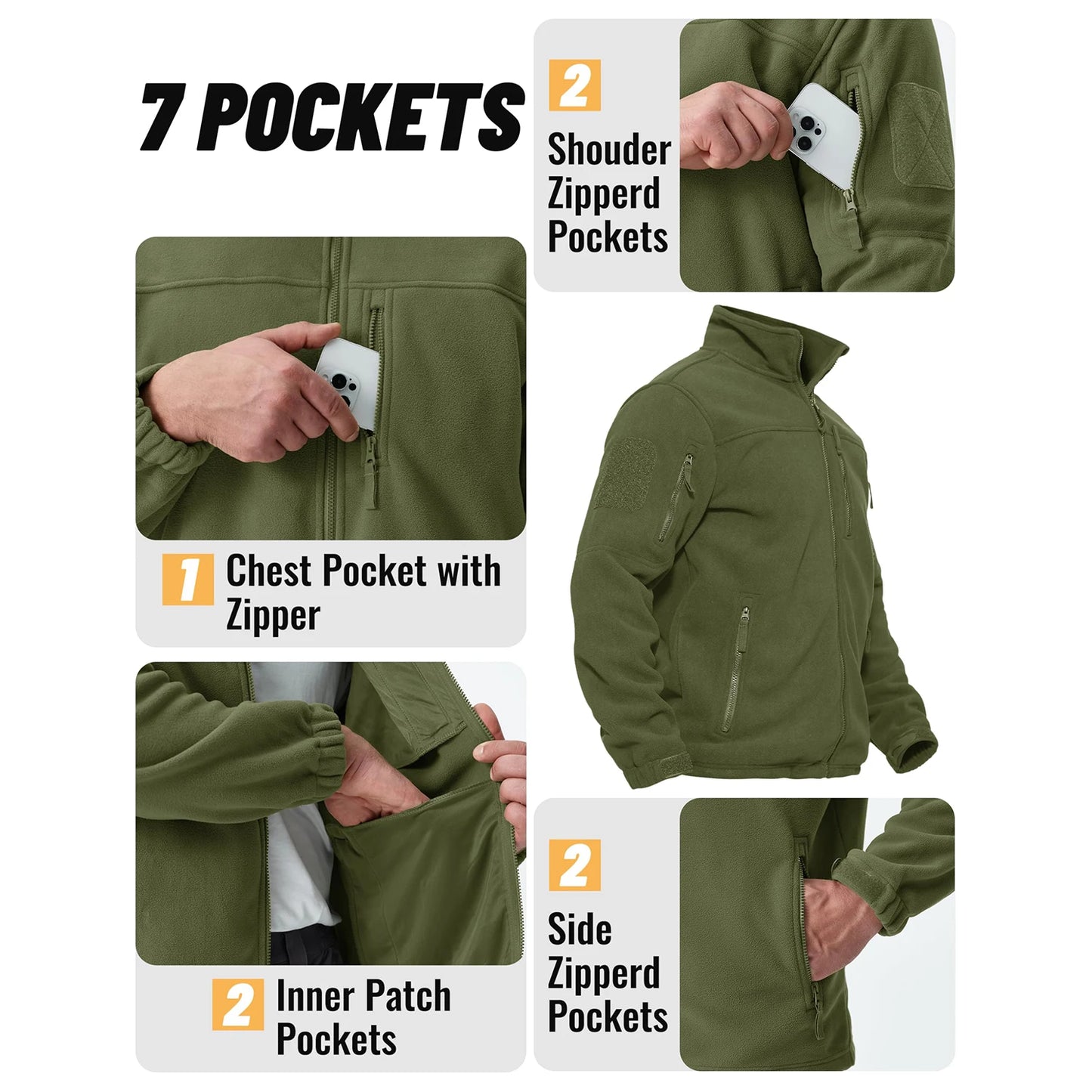 Tacvasen Giacca In Pile Full Zip Verde Da Uomo Con Tasche Con Cerniera Termica Per Lavoro E Escursionismo Outwear
