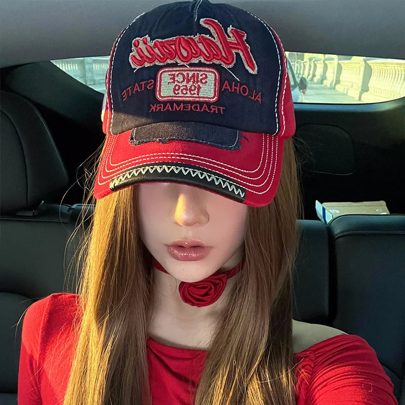 Berretto da Baseball Retrò per Donna in Denim con Lingua d'Anatra Cappello con Visiera Rossa Vintage per Ragazza