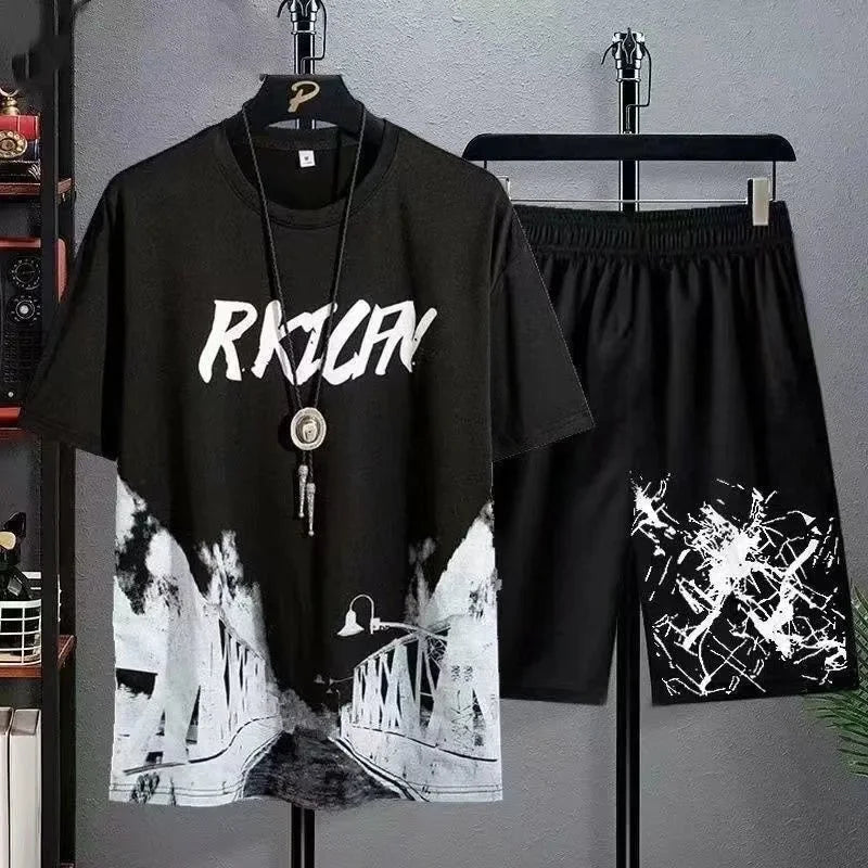 Set Estate da Uomo Manga Graffiti T Shirt Pantaloncini 2 Pezzi Comodo Traspirante con Stampa