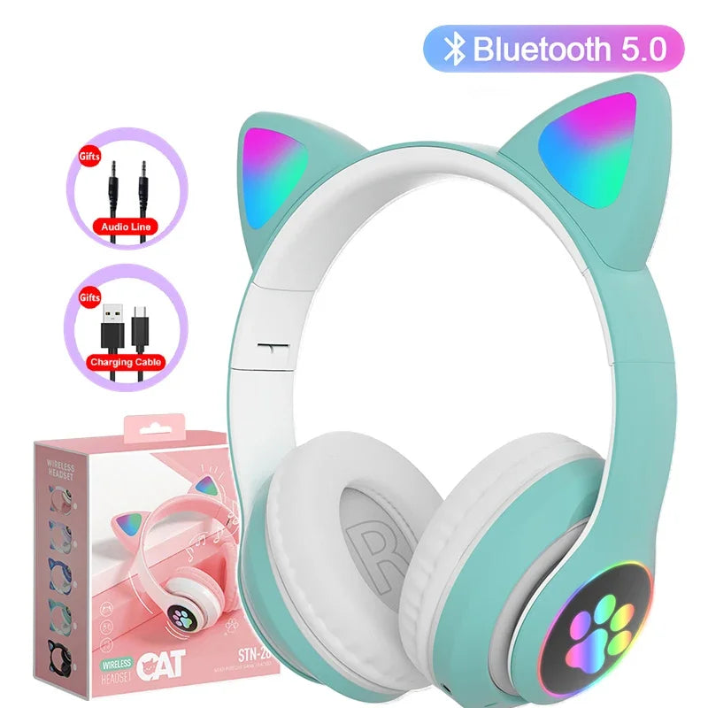 Lampada Cuffie Orecchie Di Gatto Bluetooth 5 0 Stereo Microfono Slot TF Auricolare Wireless Ragazze Bambini Regalo