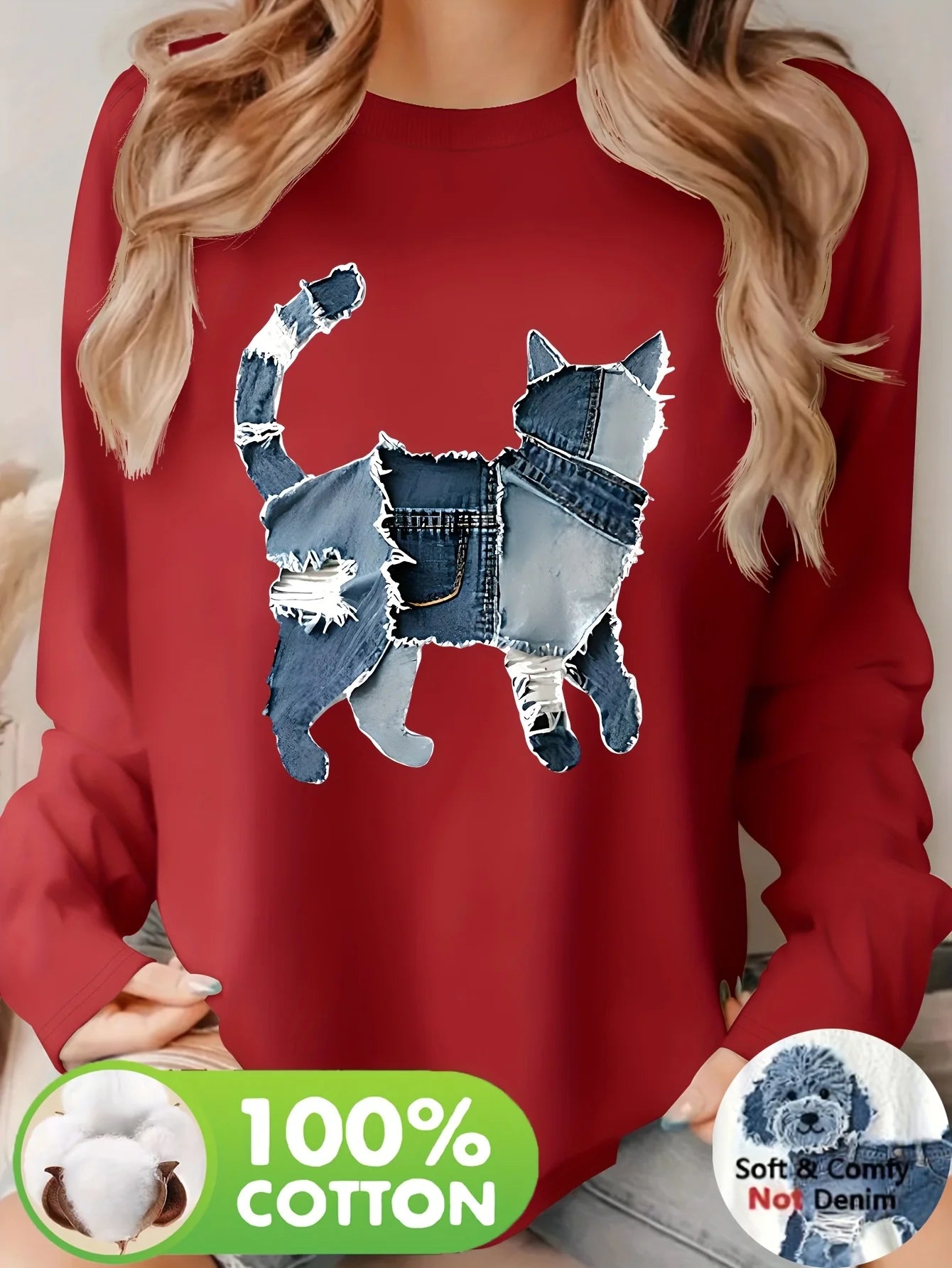 T Shirt Da Donna Autunno Inverno 100 Percento Cotone Con Stampa Cuore Girocollo Maniche Lunghe