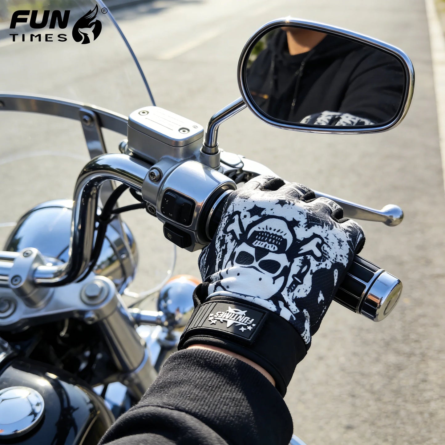 Guanti Da Moto A Dita Intere Funtimes Blu Brillante Con Strisce Rosse Uomo Sportivi Alla Moda