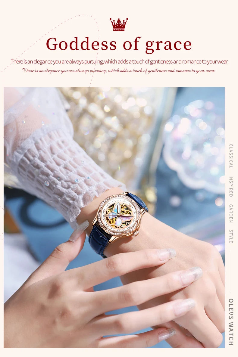 OLEVS Orologio Da Donna Meccanico Automatico In Ceramica Lunetta Originale Impermeabile Luminoso Quadrante A Farfalla