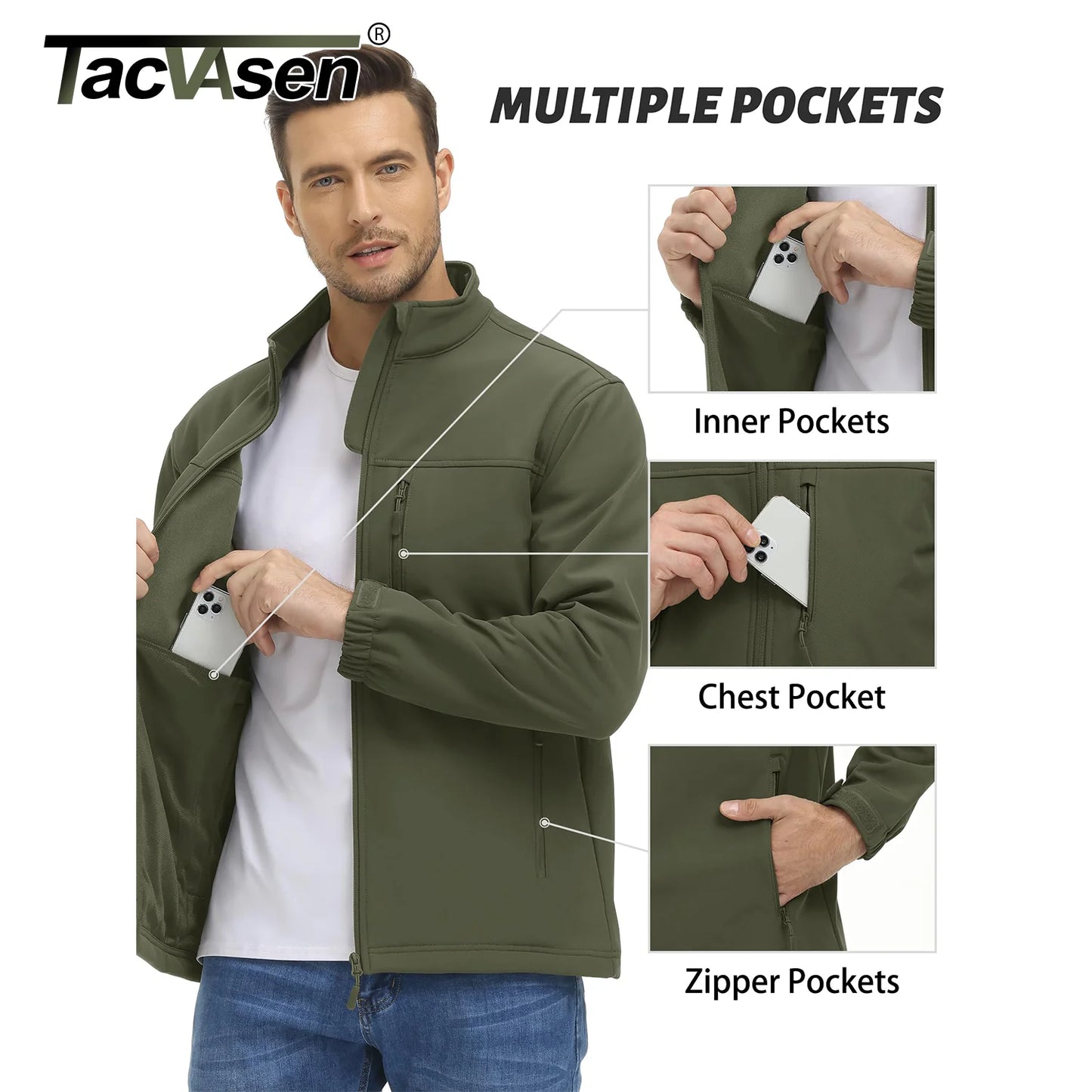 TACVASEN fodera in pile impermeabile giacca a vento giacche da lavoro invernali da uomo tasca con cerniera cappotti Casual capispalla con Zip intera top