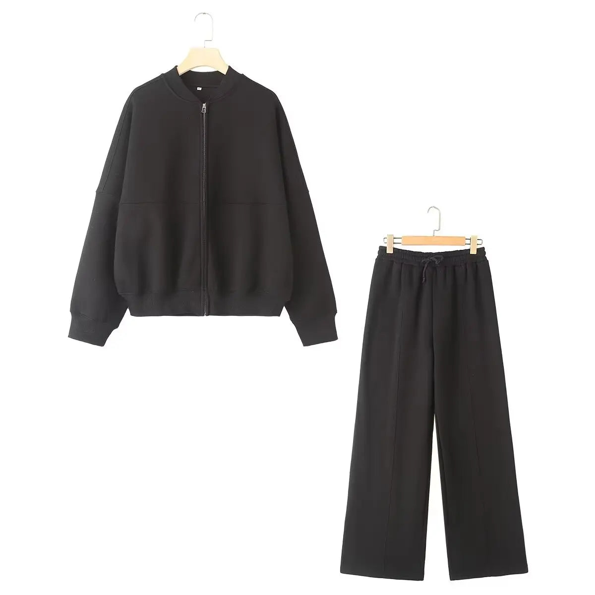 Giacche Bomber Donna Autunno 2 Pezzi Retro Tinta Unita Con Zip Pantaloni A Gamba Larga Con Lacci A Vita Alta Street Wear