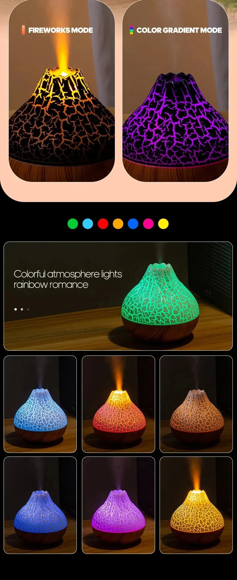 Umidificatore Aria 300ml Diffusore Per Aromaterapia Nebbia Da Tavolo USB Con 7 Luci Notturne Colorate