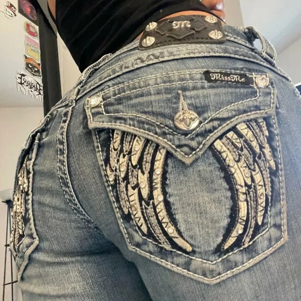 Jeans Vintage Streetwear Y2K Da Donna Tasca Con Paillettes Blu Lavato Pantaloni Larghi Vita Media