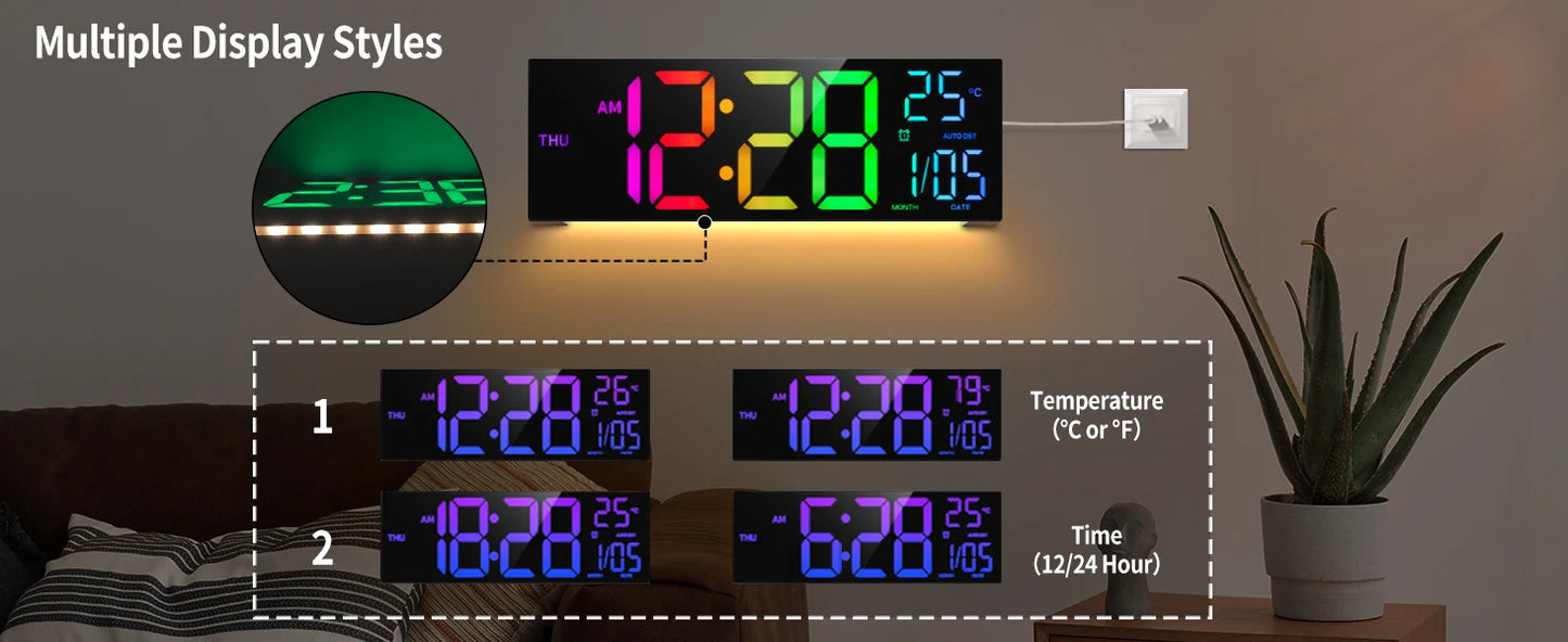 Orologio Da Parete Digitale 16 Pollici Con Display LED E Telecomando 8 Colori RGB Allarme DST Temperatura Per Soggiorno