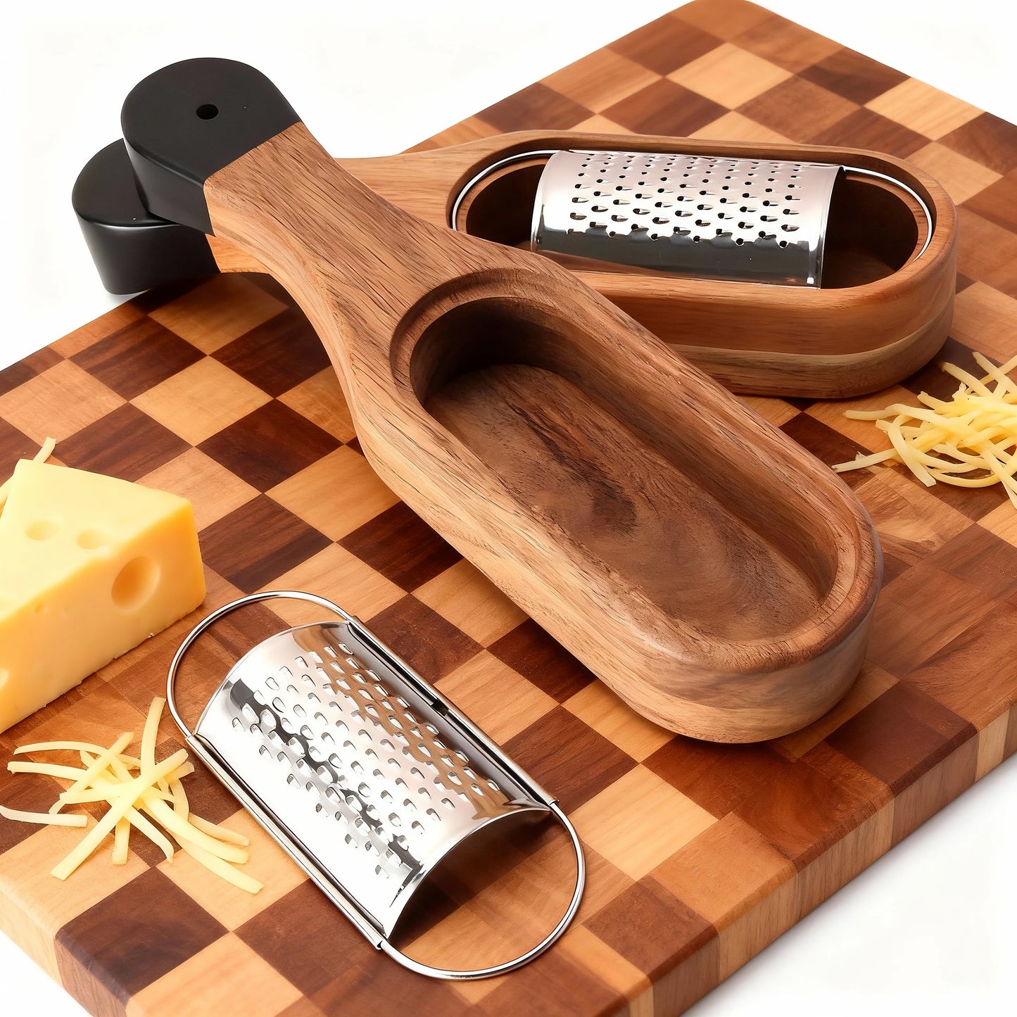 Grattugia Multifunzionale Per Formaggio In Acciaio Inox Con Contenitore Rimovibile In Legno Di Acacia Jaswehome