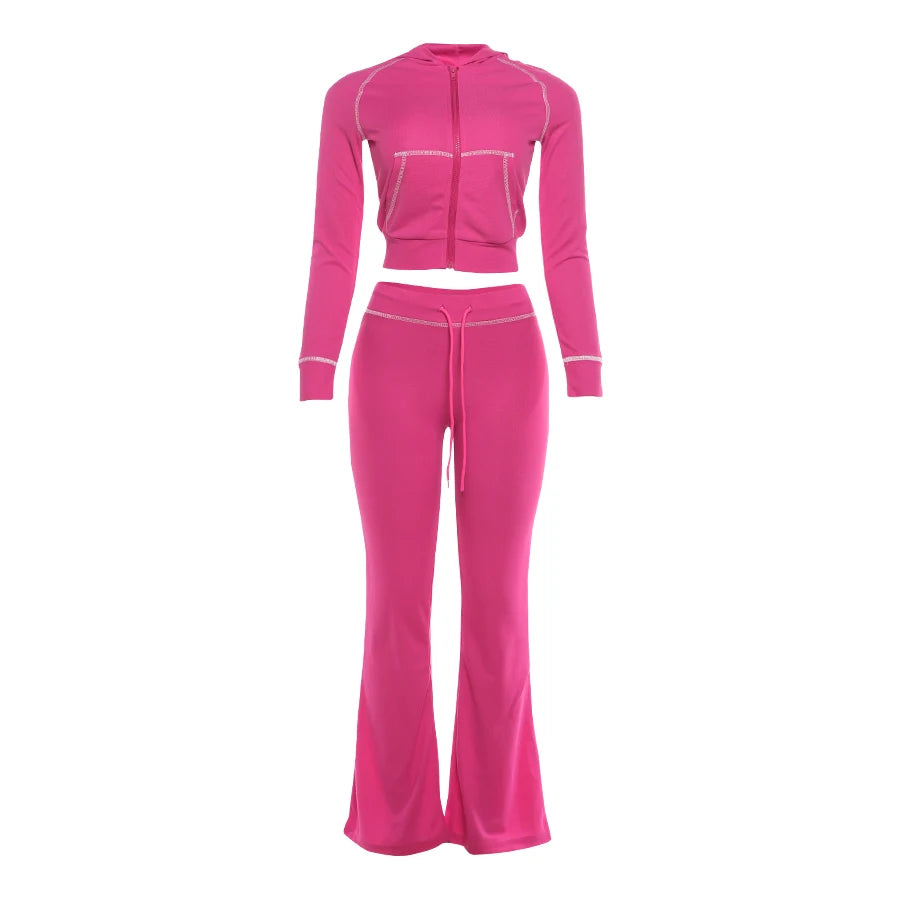 Weird Puss Tuta Donna Due Pezzi con Cappuccio Zip Tasca Giacca Pantaloni Svasati con Coulisse Casual Sportiva Slim Outfit