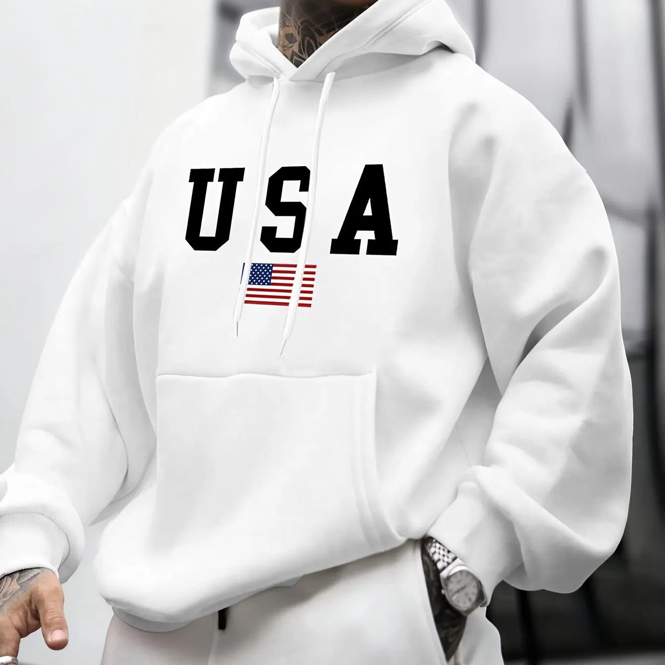 Felpa Con Cappuccio Da Uomo A Maniche Lunghe Con Stampa Grafica Bandiera Americana Allentata Caldo Autunno Inverno