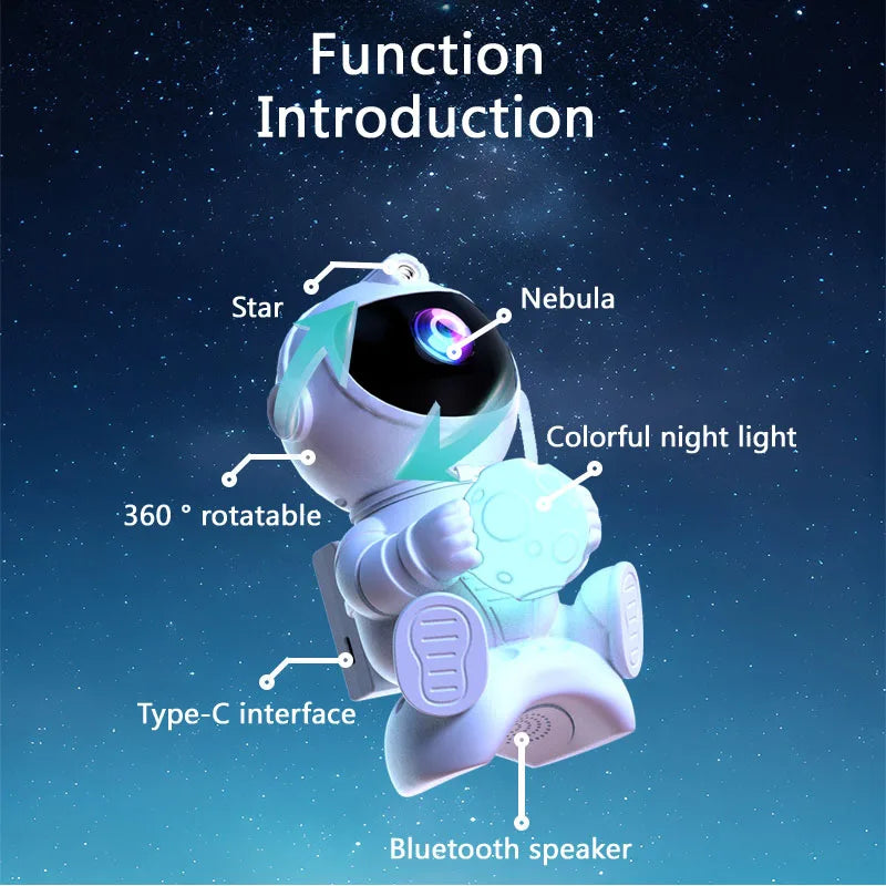 Proiettore galassia astronauta Proiettore luce notturna stella e luna Timer remoto Bluetooth 360 ° Angolo regolabile per regalo per bambini in camera da letto