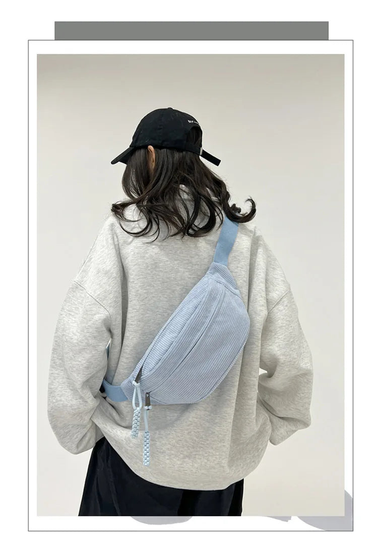 Marsupio da Donna in Velluto a Coste di Grande Capacità Borsa da Petto Stile Street Borsa a Tracolla Cintura Casual