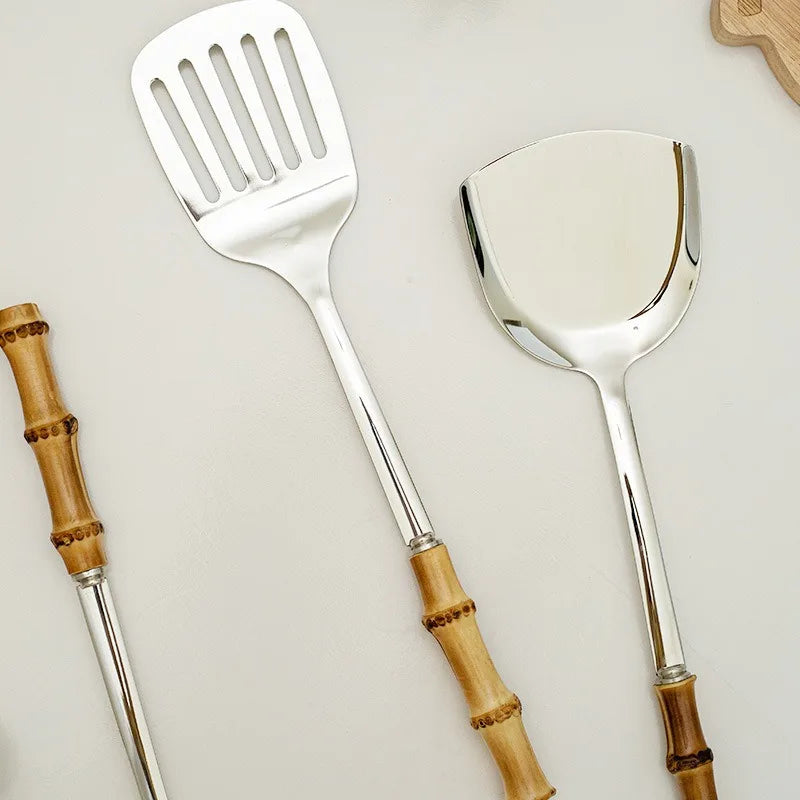 Pala Frittura In Acciaio Inossidabile Con Manico In Bambù Naturale E Cucchiaio Zuppa Giapponese Set Utensili Cucina