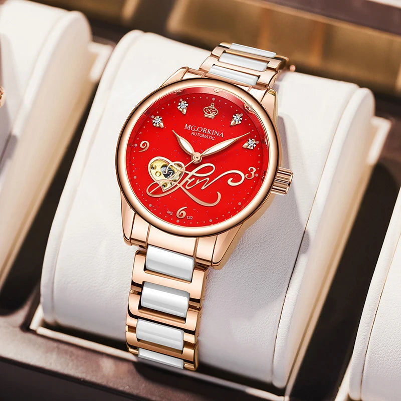 Orologio Meccanico Automatico Da Donna Orkina Classico Scheletrato Lusso Cinturino In Acciaio Inossidabile E Pelle