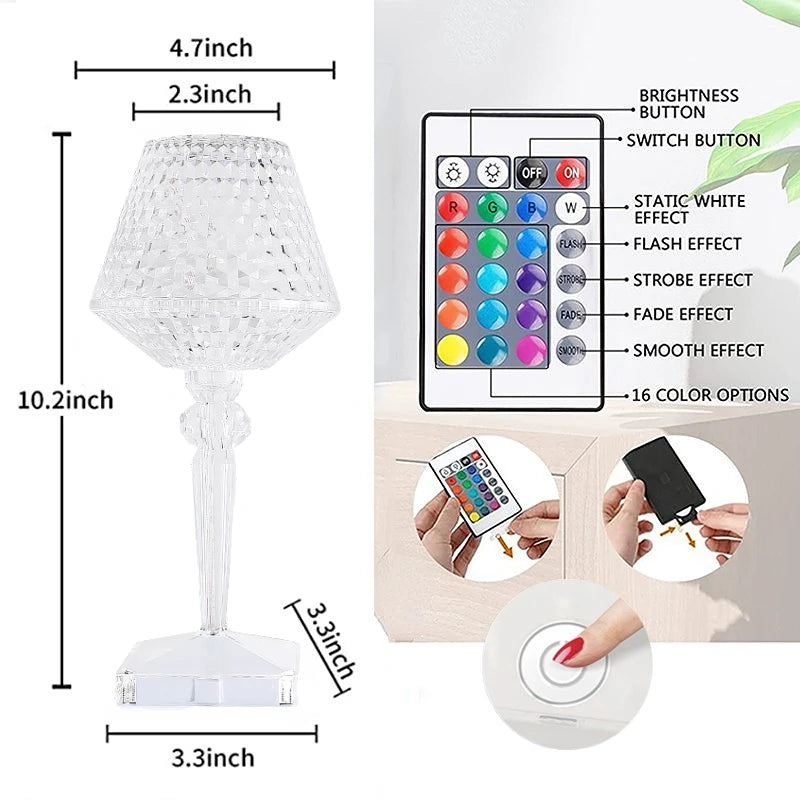 Lampada da Tavolo LED con Diamanti Proiezione di Cristalli Protezione Occhi USB Touch Lettura Luce Notturna