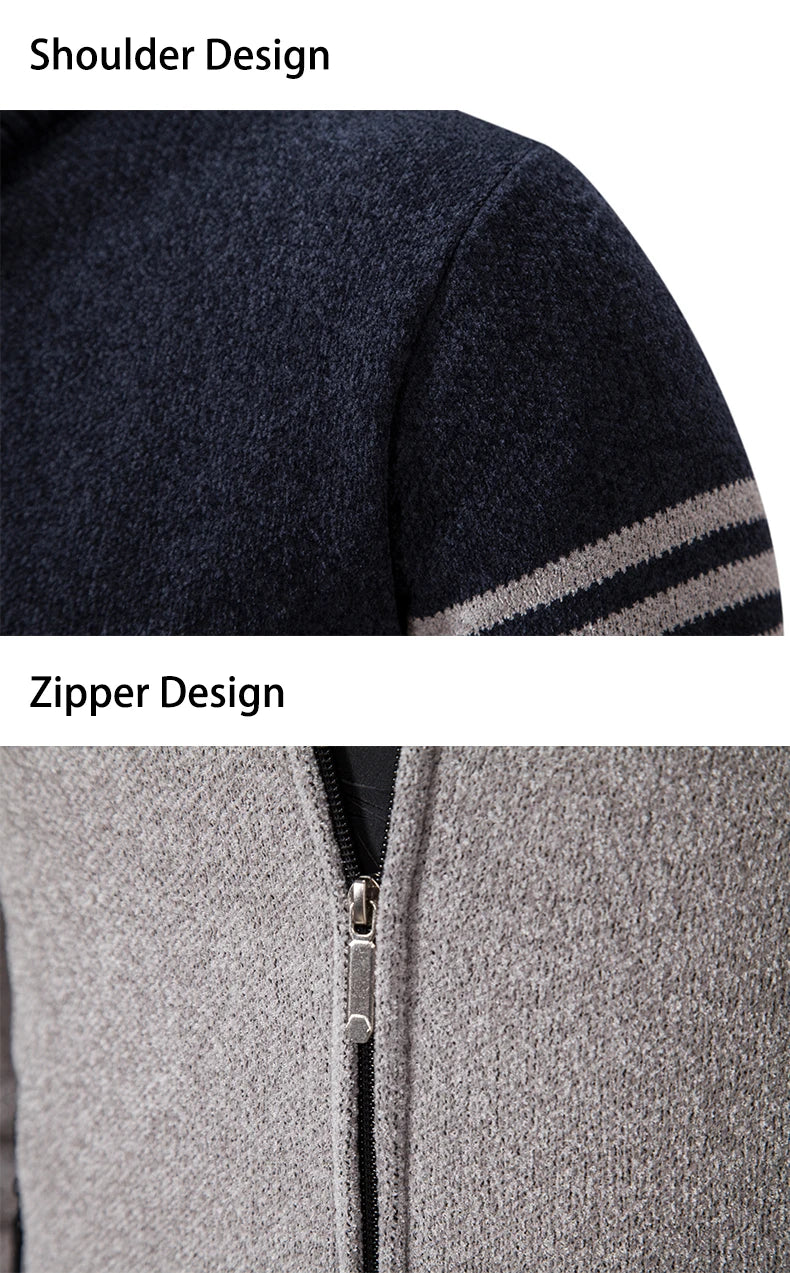 Nuovo Maglione Invernale da Uomo in Pile Spesso con Colletto Coreano e Cerniera Cardigan Casual a Righe