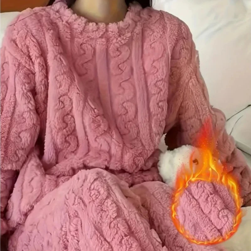 Pigiama Da Donna In Velluto Jacquard Caldo Corallo Morbido Inverno Accogliente Natale Regalo Di San Valentino