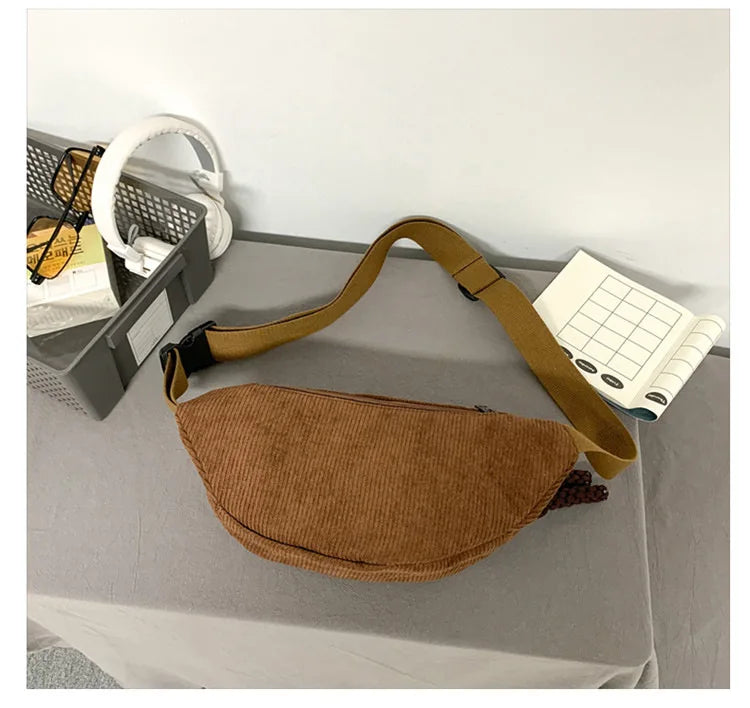 Marsupio Da Donna In Velluto A Coste Grande Capacità Borsa Da Petto Stile Street Tracolla E Cintura Casuale