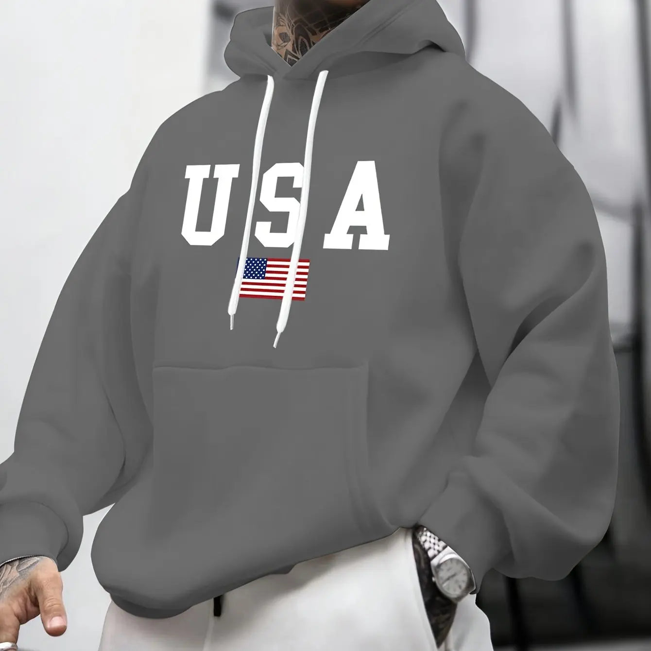 Felpa Con Cappuccio Da Uomo A Maniche Lunghe Con Stampa Grafica Bandiera Americana Allentata Caldo Autunno Inverno