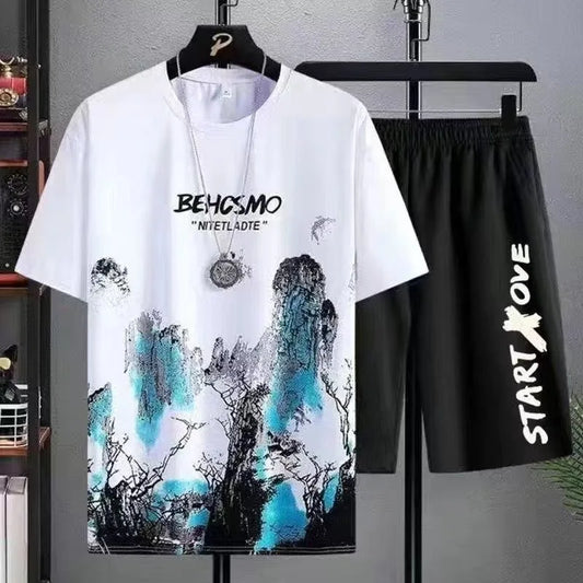 Set Estate da Uomo Manga Graffiti T Shirt Pantaloncini 2 Pezzi Comodo Traspirante con Stampa