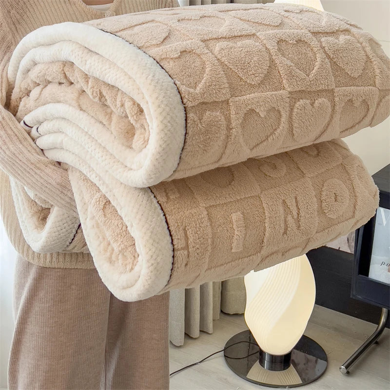 Coperta Invernale Calda in Peluche con Cuori e Taffetà Morbida e Spessa per Letto e Divano Singola o Matrimoniale