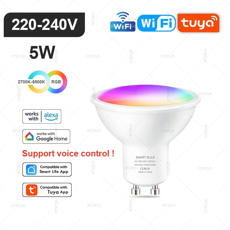 Lampadina LED Intelligente E27 E14 GU10 con WiFi Zigbee Bluetooth Dimerabile RGB 2700K a 6500K Compatibile Alexa e Google