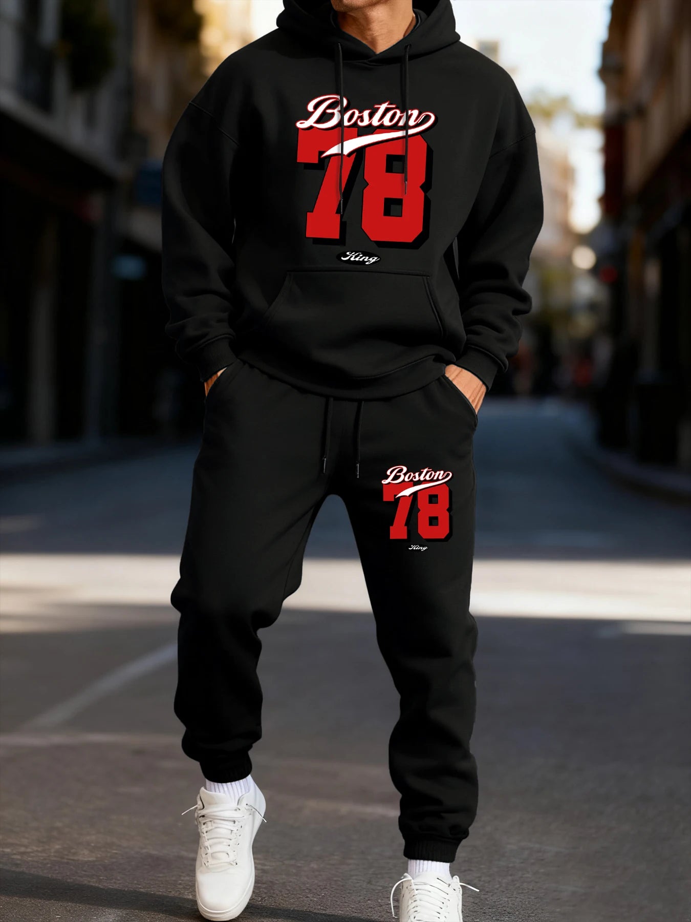Boston 78 Stampa Felpa Con Cappuccio Da Uomo Due Pezzi Set Autunno Inverno Abbigliamento Sportivo Completo