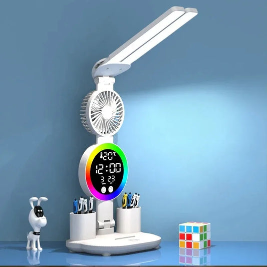 Lampada Da Tavolo Led Con Ventilatore Orologio Ricaricabile Luminosità Regolabile Per Studio Scrivania