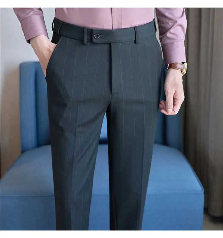 Pantaloni Da Abito Inverno In Lana Spessa Con Vita Elastica Gessati E Tinta Unita Per Uomo