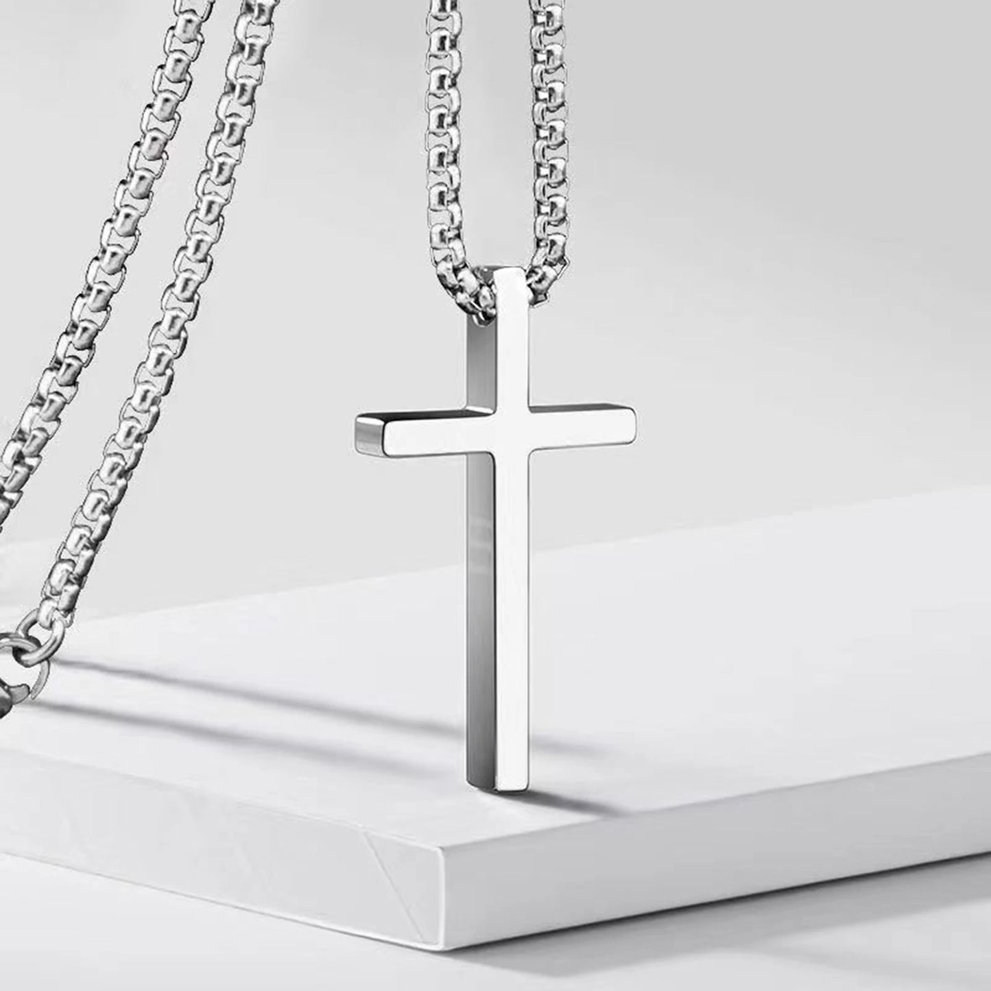 Collana Con Croce Vnox In Acciaio Inossidabile Catena A Scatola Argento Nero Per Uomo E Donna Lunghezza 55 Cm O 60 Cm