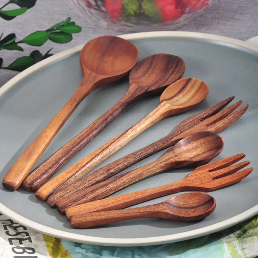 Set Da 7 Pezzi Cucchiai In Legno In Stile Occidentale Utensili Da Cucina Multiuso Per Ramen Insalata Zuppa Dessert E Tè