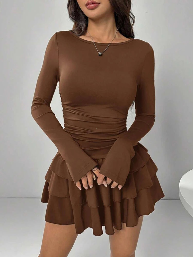 Abito Da Donna Slim Fit Autunno Inverno Midi Vita Alta Empire Tinta Unita Con Increspature E Maniche Svasate