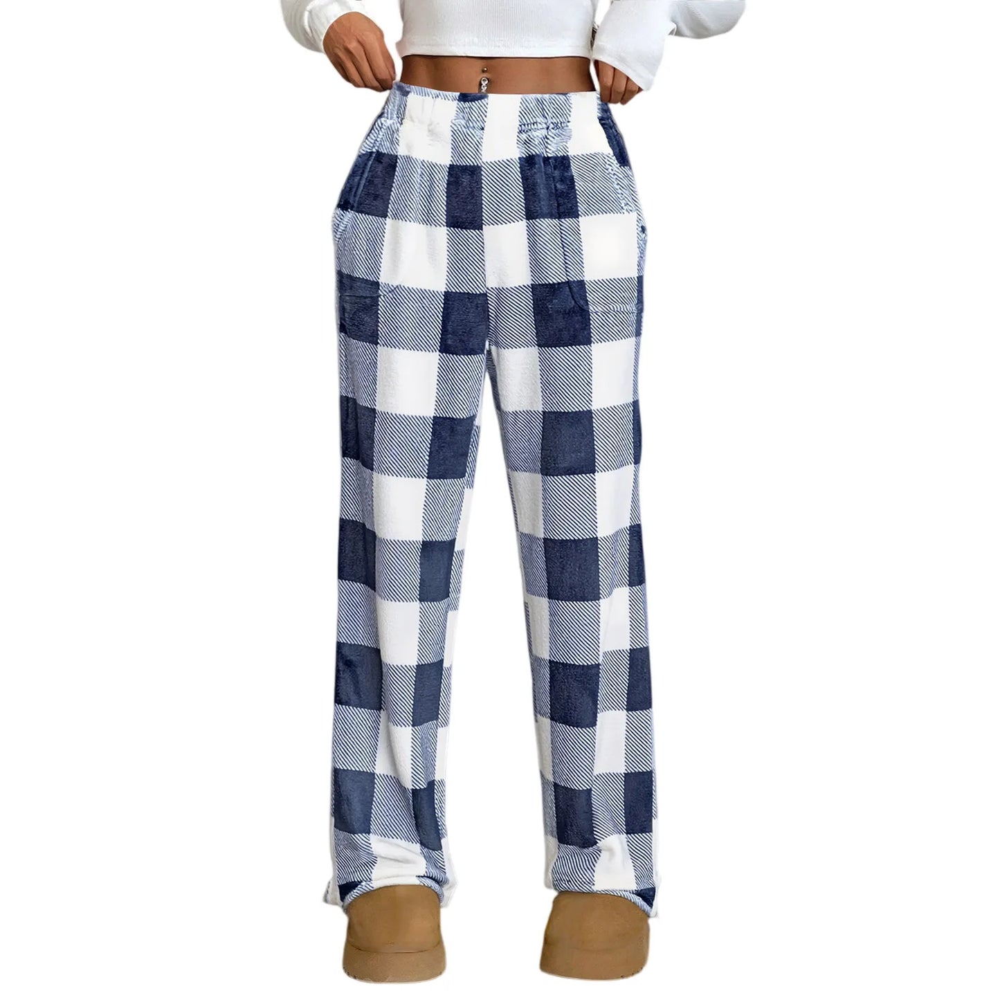 Pantaloni Del Pigiama Da Donna Con Vita Elastica E Scozzesi In Pile Morbidi Con Tasche Peluche