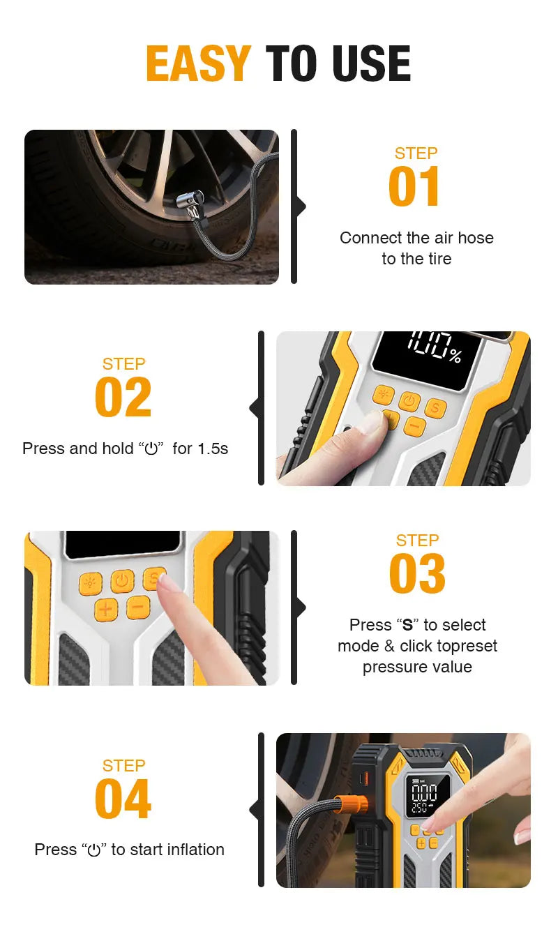 Avviatore Di Emergenza Con Compressore Aria Auto Portatile 7000A Booster 12V Gonfiaggio Pneumatici Automatico A 160 Psi