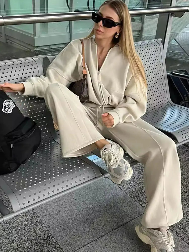 Giacche Bomber Donna Autunno 2 Pezzi Retro Tinta Unita Con Zip Pantaloni A Gamba Larga Con Lacci A Vita Alta Street Wear