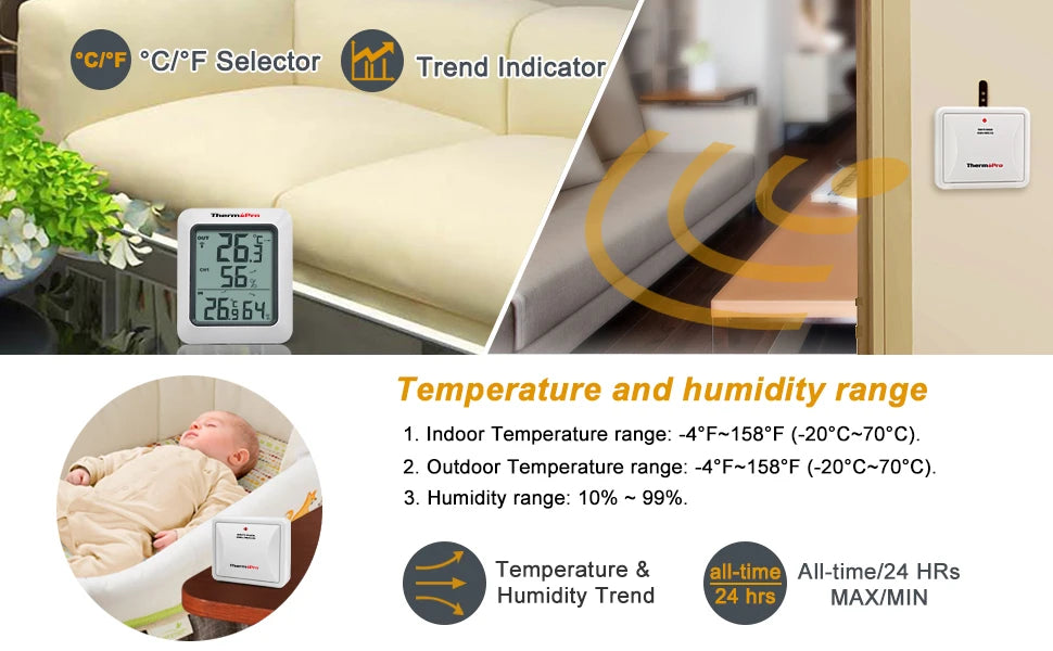 ThermoPro TP60C 60M Stazione Meteorologica Igrometro Digitale Wireless Interni Ed Esterni Per La Casa