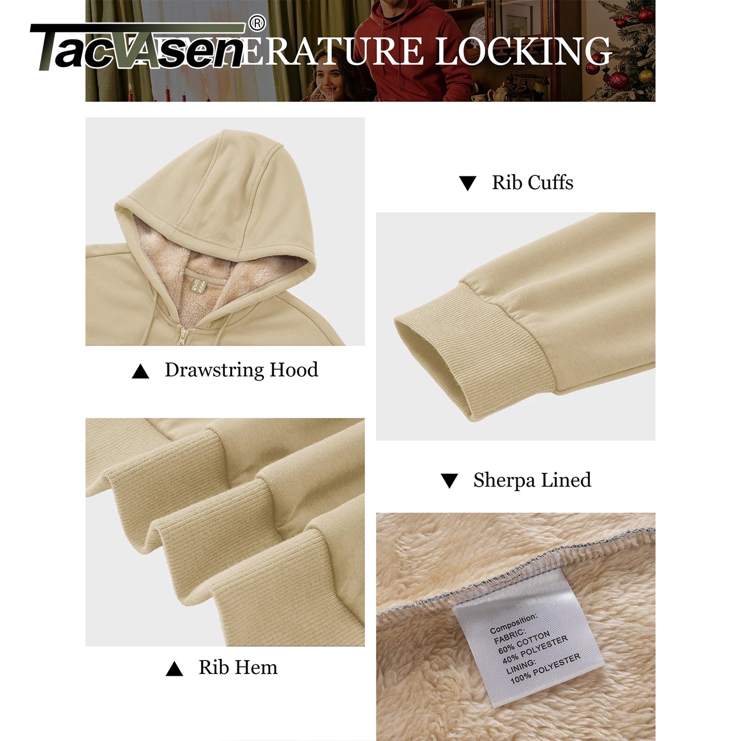 Tacvasen Felpa Con Cappuccio Da Uomo Zip Fodera Sherpa Invernale Pile Spesso Caldo Capispalla Casual