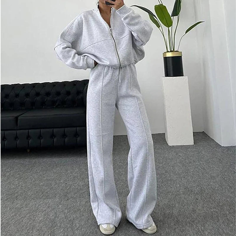Set Di Tute Da Donna Casual Cardigan Corto Allentato Con Cerniera E Pantaloni Sportivi Con Coulisse Streetwear