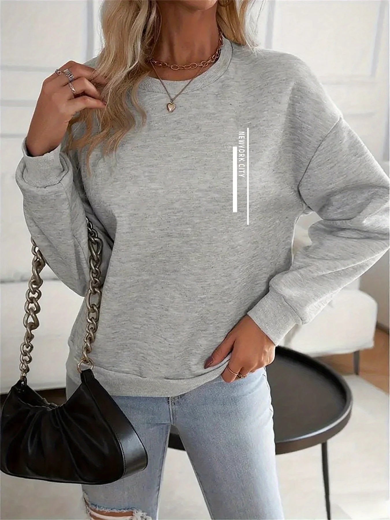 Felpa Donna Con Stampa Cuore Design Geometrico Manica Lunga Girocollo Lavabile In Lavatrice Vestibilità Regolare Autunno
