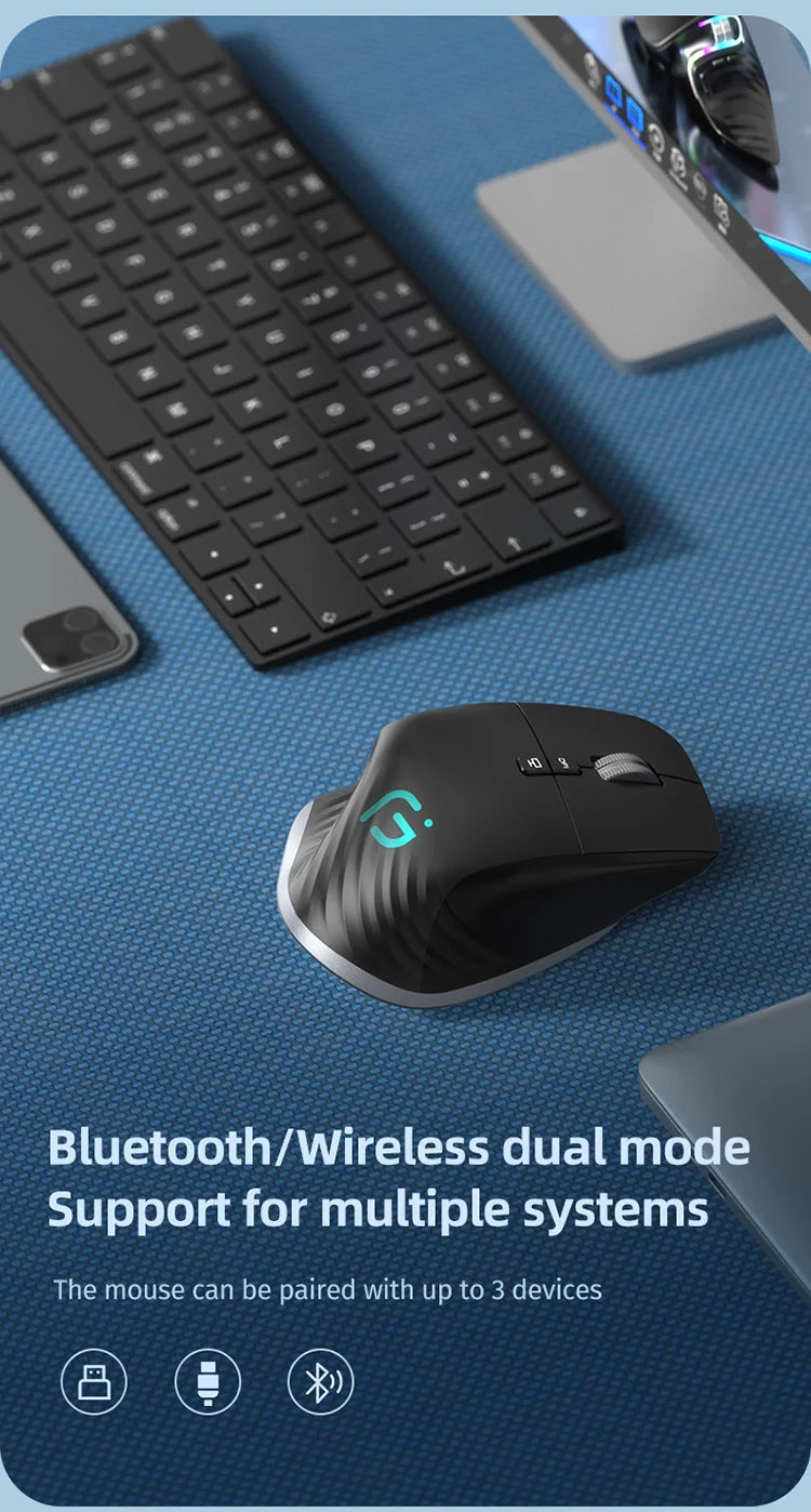 Mouse Wireless Multi Dispositivo Bluetooth 5.0 e 3.0 2.4G Ottico Portatile Ergonomico Per Computer Mano Destra