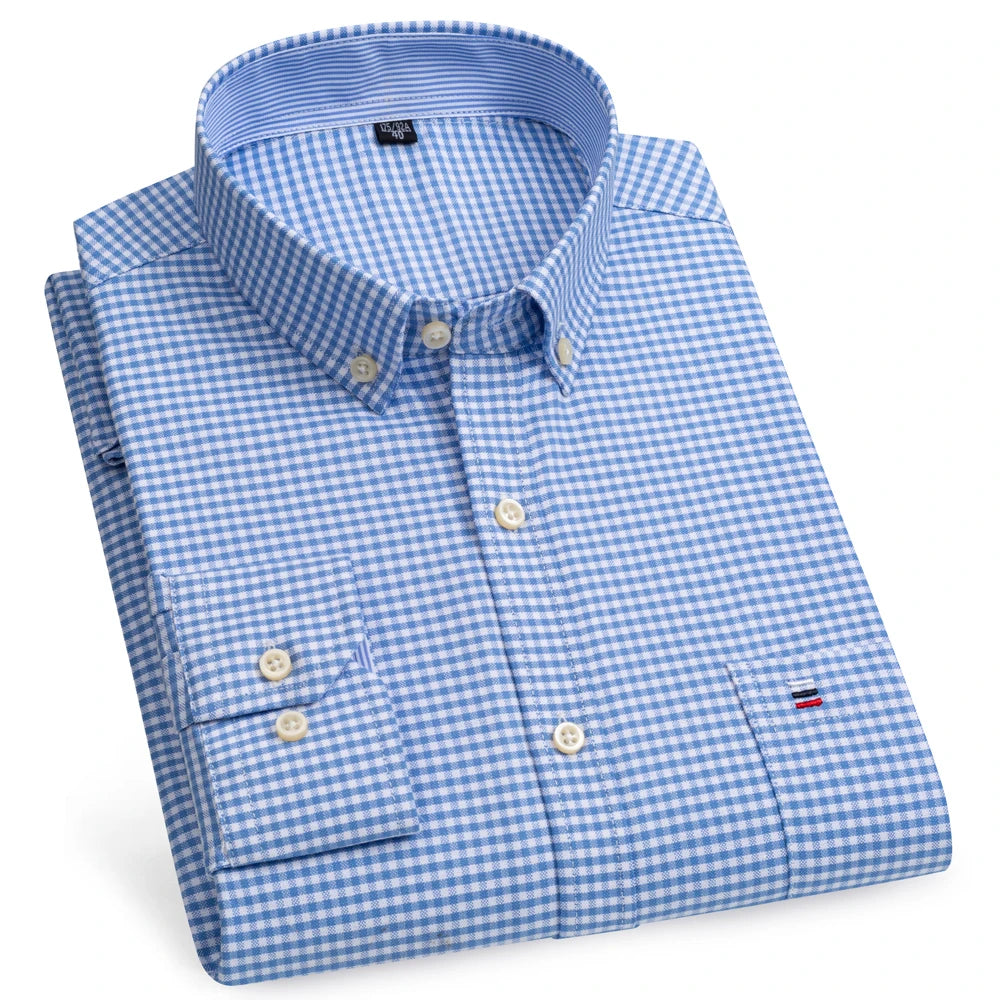 Camicia Da Uomo Oxford Abbottonata Maniche Lunghe In Cotone Al 100 Percento Con Tasca A Quadri Piccoli Stile Casual