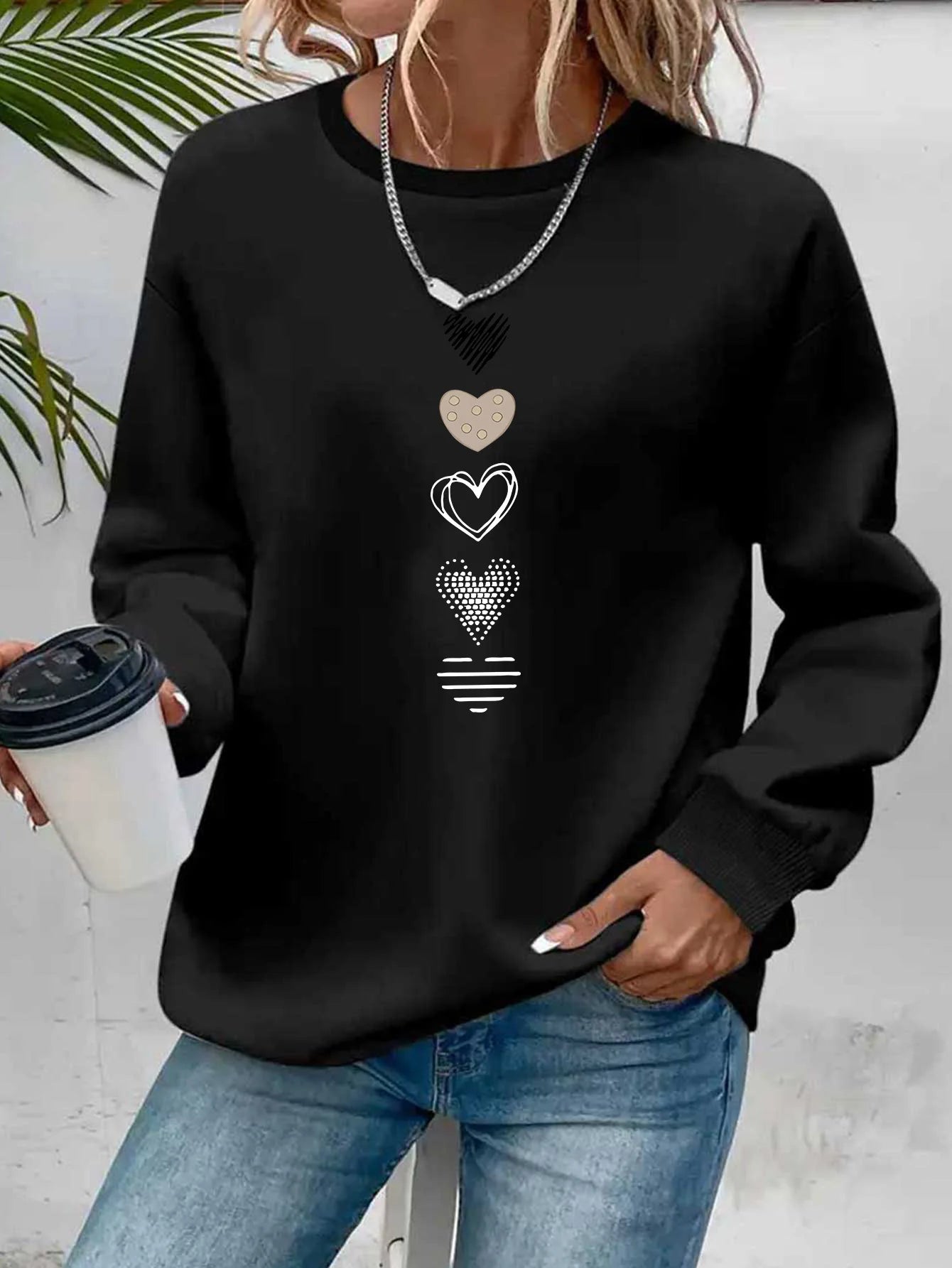 Felpa Donna Con Stampa Cuore Design Geometrico Manica Lunga Girocollo Lavabile In Lavatrice Vestibilità Regolare Autunno