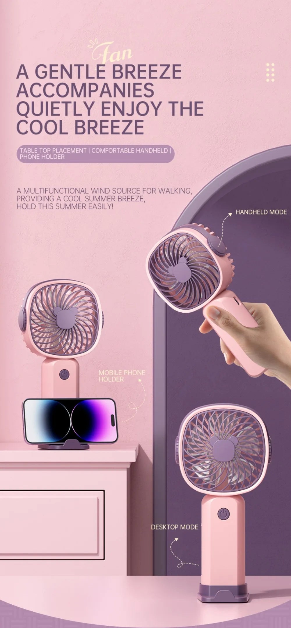 Mini Ventilatore USB Portatile Multifunzionale Con Supporto Da Tavolo Per Studenti E Esterni Batteria Ricaricabile
