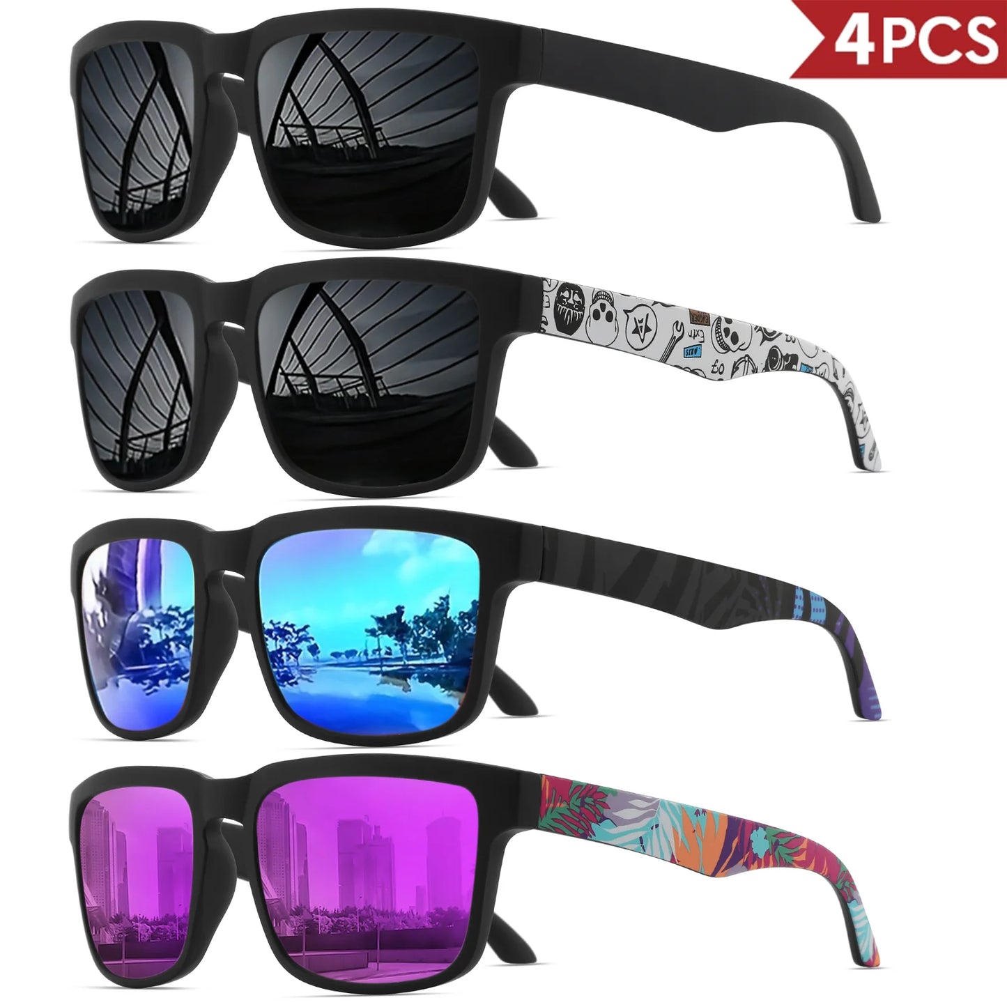 Occhiali Da Sole Sportivi Quadrati 4 Pezzi Motivo Tempio Design UV400 Per Uomini E Donne Vacanze Al Mare
