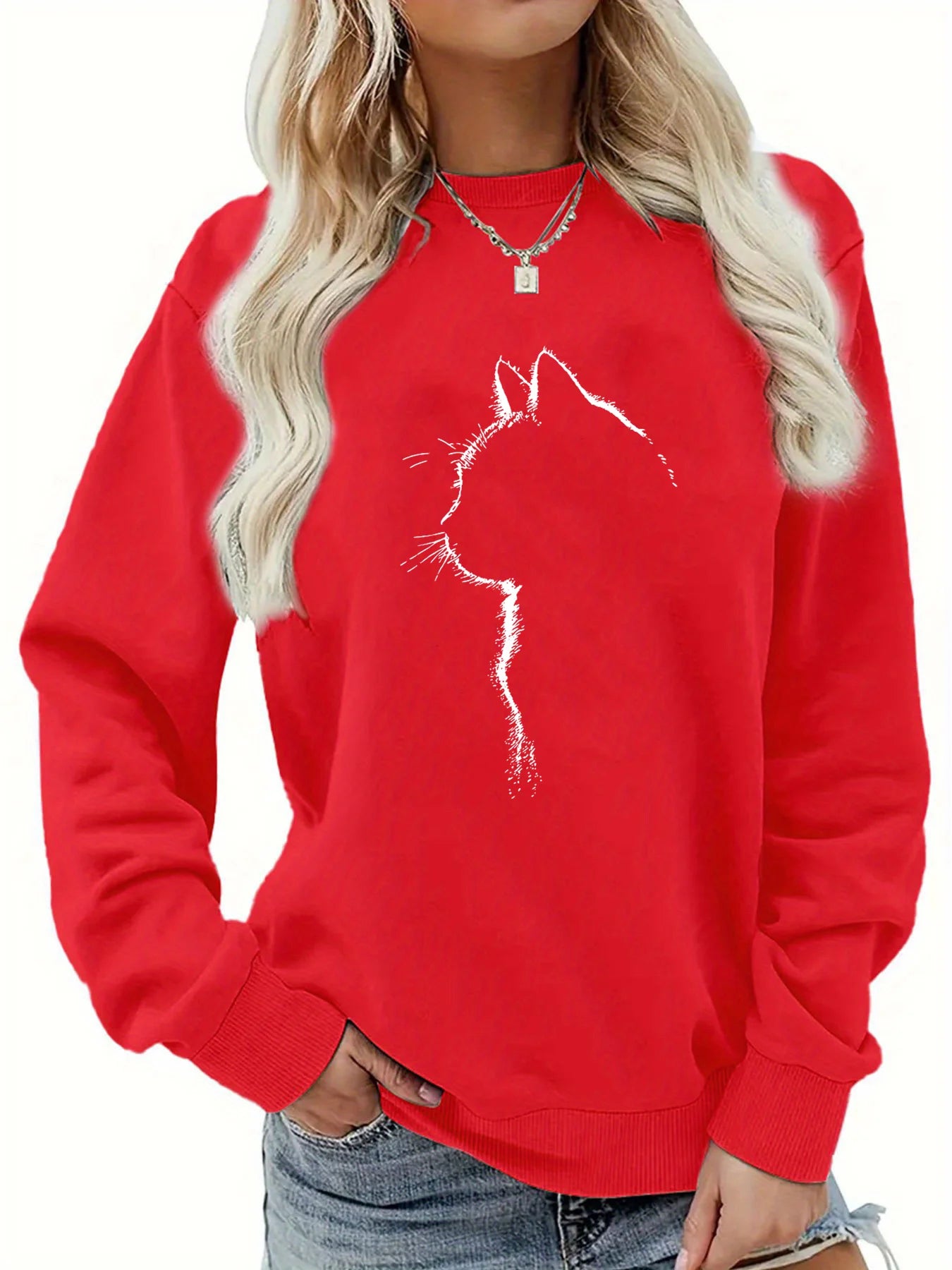 Pullover da Donna Autunno Inverno Casual Ampio con Motivo Gatto Caldo Stampato Girocollo a Maniche Lunghe