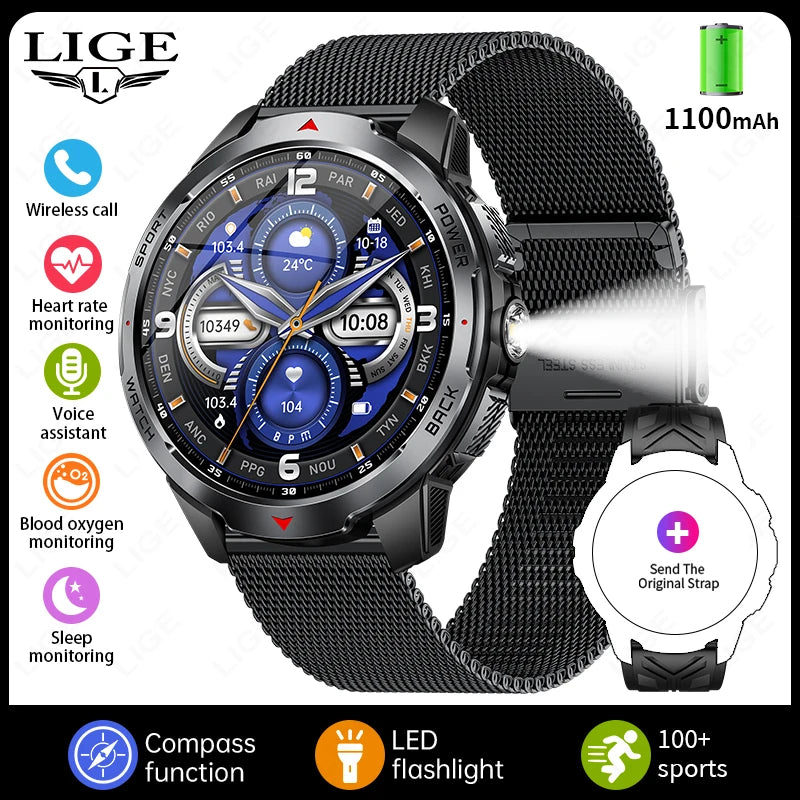 LIGE Smartwatch Da Uomo Bluetooth Chiamata Impermeabile 3ATM Batteria 1100mAh Bussola Esterna Per Sport Fitness