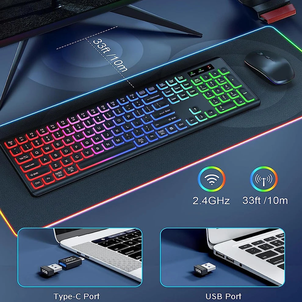 Combinazione Tastiera E Mouse Wireless Retroilluminati Ricaricabili Modalità Sleep 2,4 GHz Tasti Illuminati Ergonomico