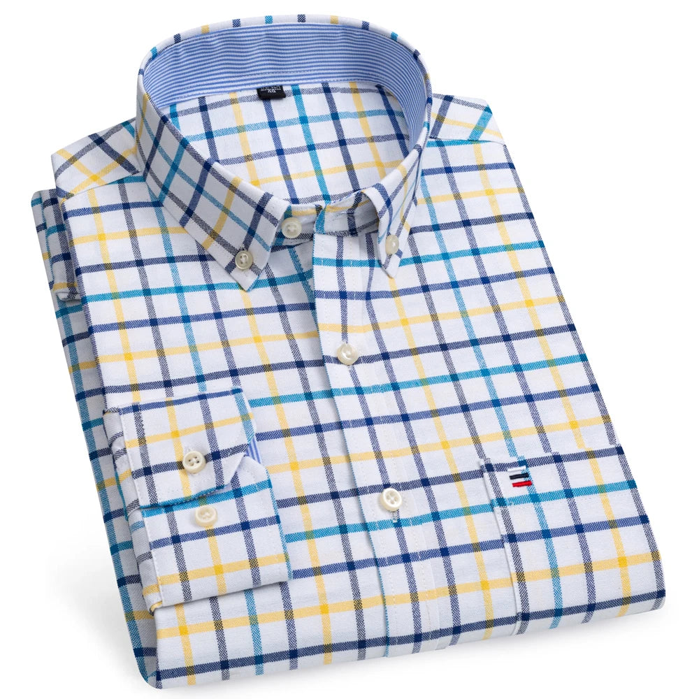 Camicia Da Uomo Oxford Abbottonata Maniche Lunghe In Cotone Al 100 Percento Con Tasca A Quadri Piccoli Stile Casual